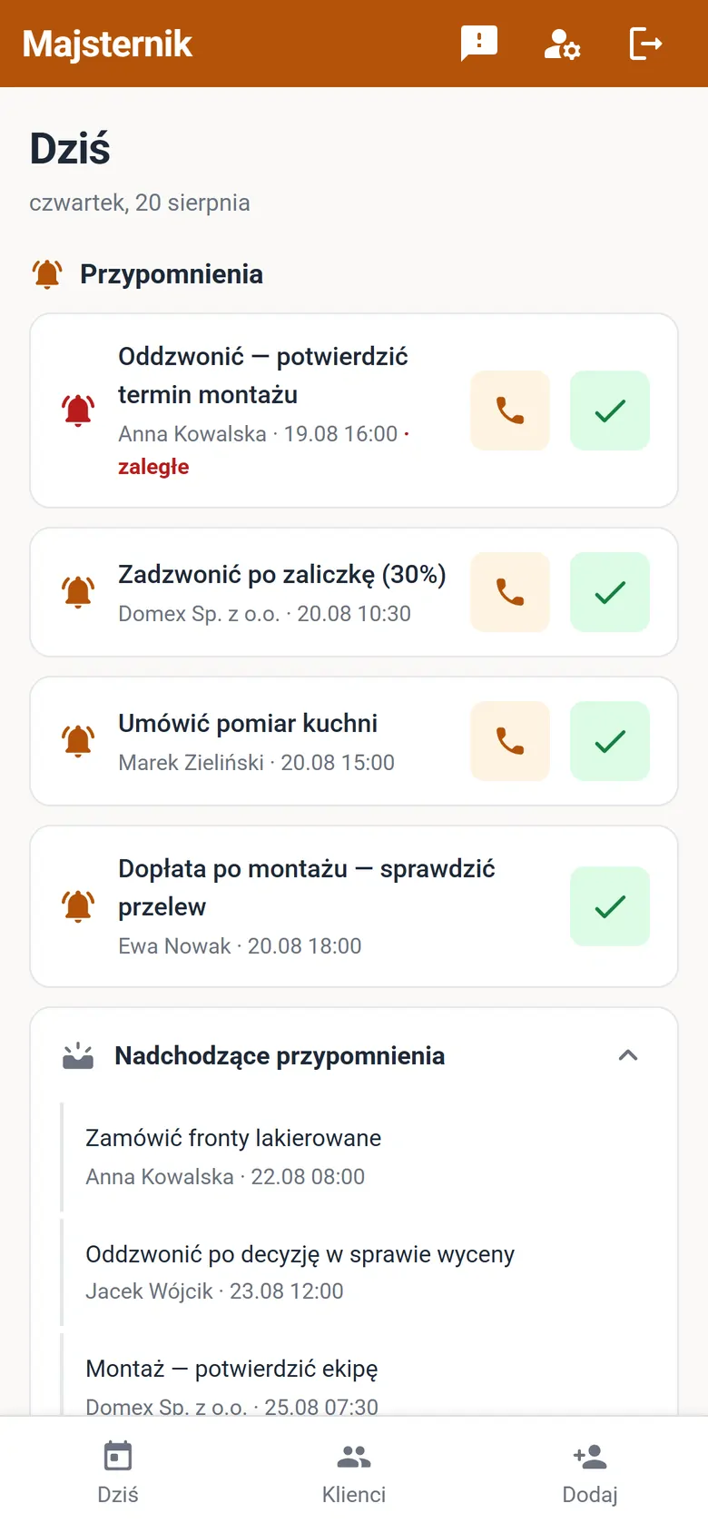 Ekran „Dziś” w telefonie: przypomnienia do oddzwonienia i oferty bez odpowiedzi