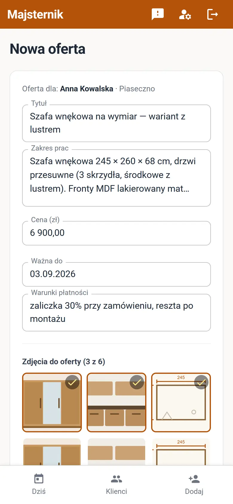 Formularz nowej oferty: tytuł, zakres prac, cena, termin ważności
