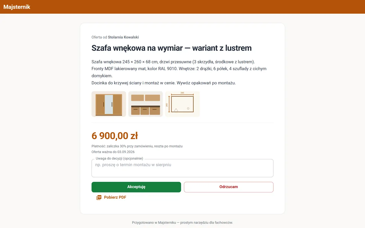 Publiczna strona oferty: zakres prac, zdjęcia, cena i przyciski Akceptuję / Odrzucam