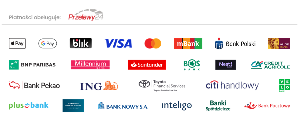 Płatności obsługuje Przelewy24: Apple Pay, Google Pay, BLIK, Visa, Mastercard i przelewy z banków